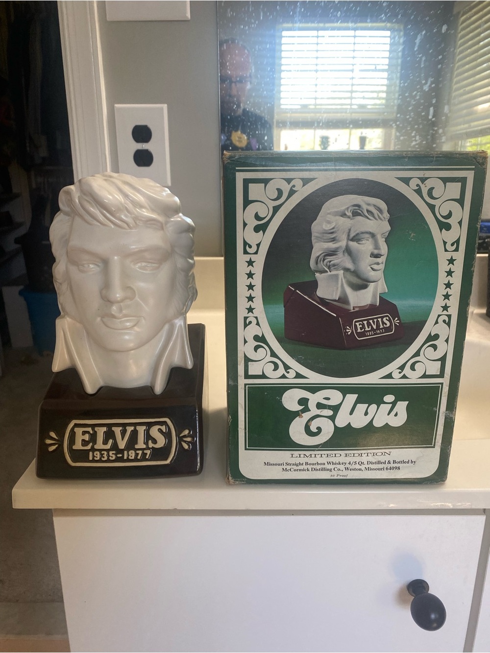 Elvis Ceramic Bust Decanter with Original Box - White & Brown